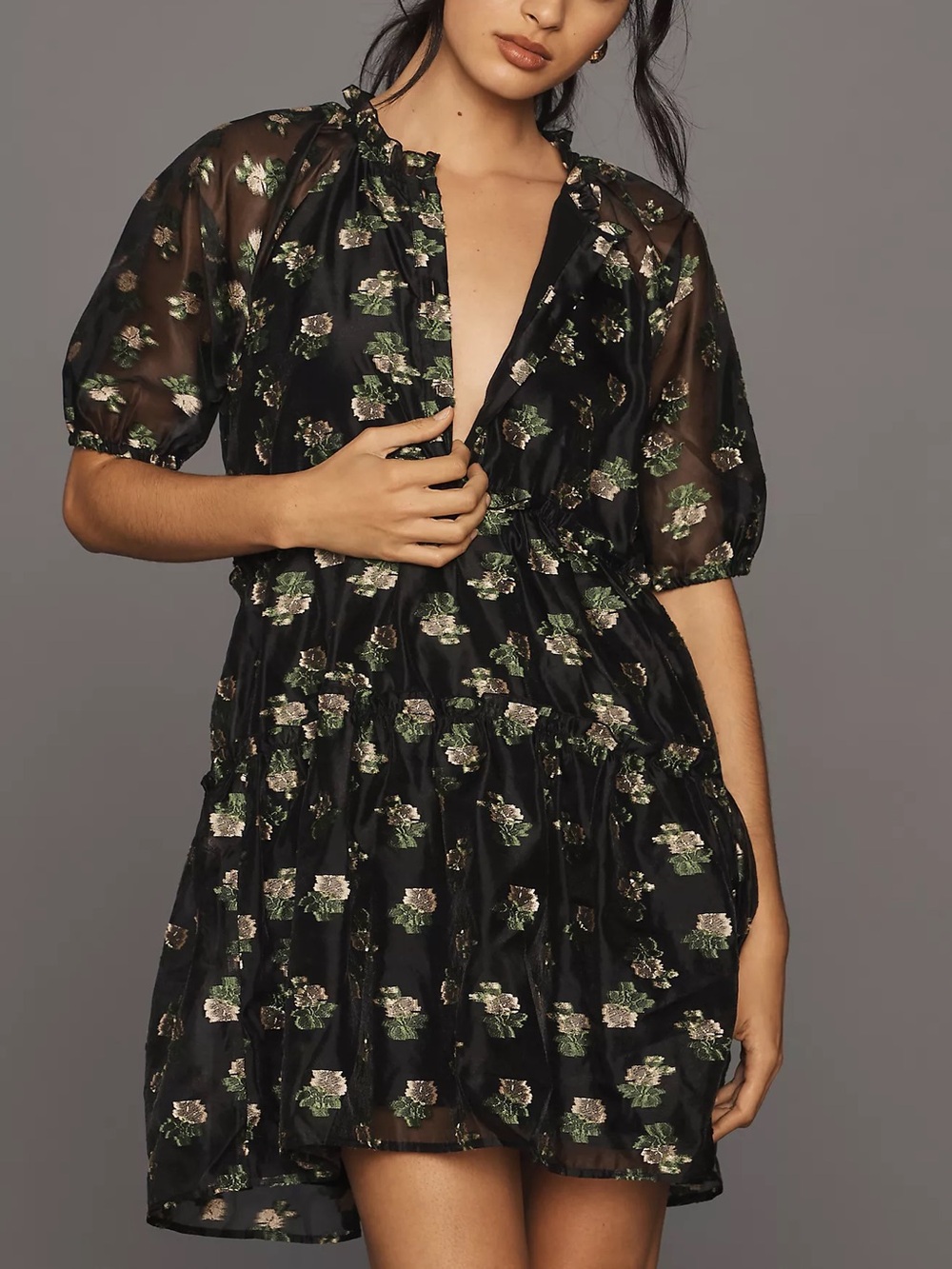 Maeve Short-Sleeve V-Neck Tiered Tunic Mini Dress M Taffeta Sheer Wedding